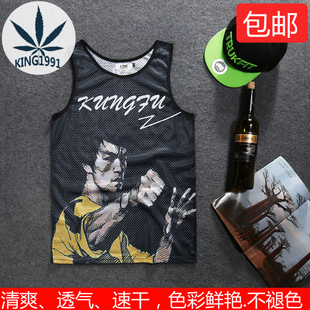 中国功夫巨星李小龙 bruce lee 经典头像图案印花衣服男网洞背心