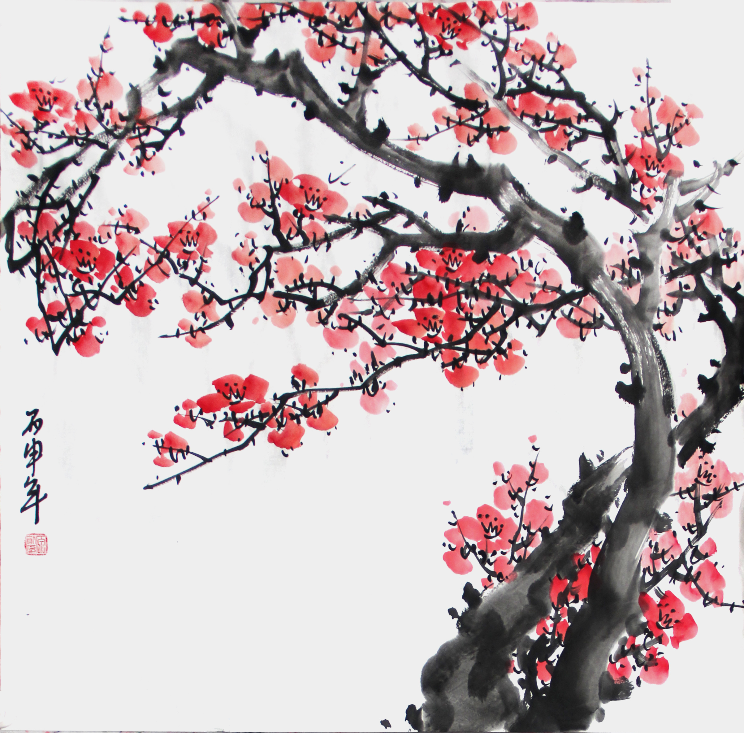 中国风简笔水彩画红色的梅花连绵的山峰透明PNG素材