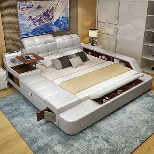 高端真皮床1.8米双人婚床现代简约主卧榻榻米欧式软体皮艺床家具.