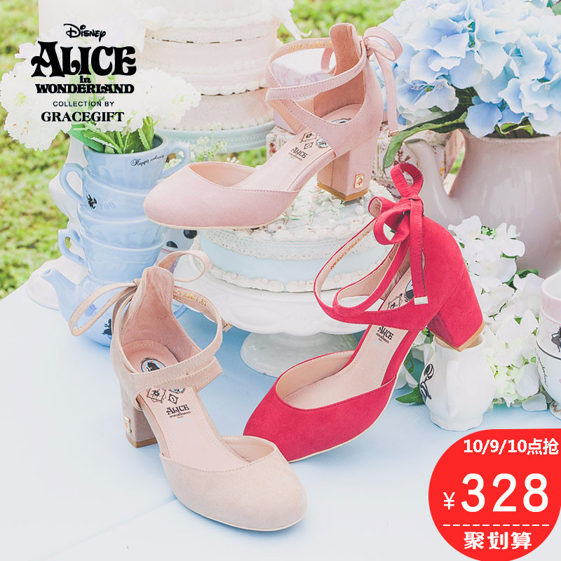 grace gift迪士尼爱丽丝交叉绑带圆头粗跟休闲单鞋女护士鞋0729-3