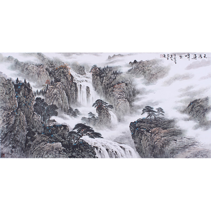 国画山水 黑白水墨画 艺术聚宝盆纯手绘真迹风水八尺画芯横幅宣纸