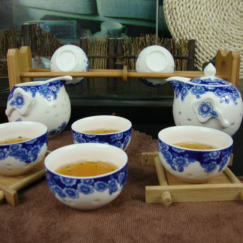 整套水晶镂空玲珑陶瓷功夫茶具套装 青花瓷盖碗茶具套装特价包邮