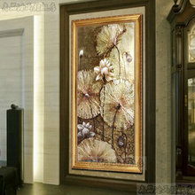 饰画纯手绘抽象东南亚金箔荷叶竖版过道挂画 欧式客厅油画玄关装