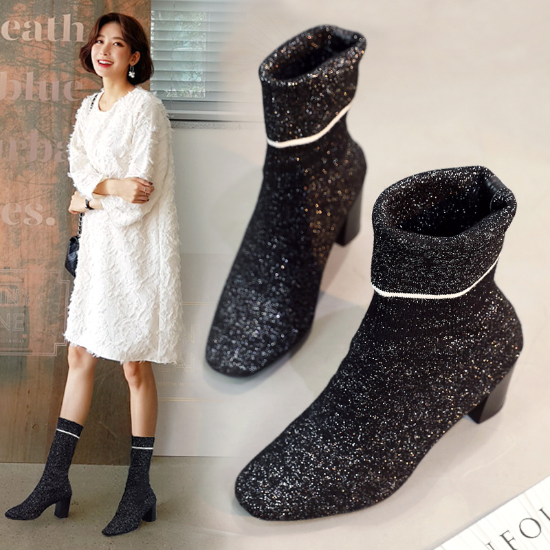 JPAI秋冬新款弹力中筒女靴子高跟粗跟套脚休闲时尚单靴袜子鞋女潮