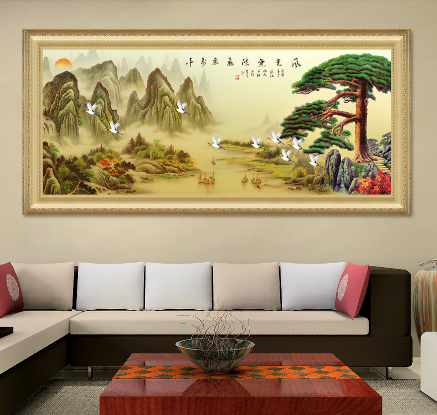山水画风水靠山大幅国画横幅画客厅中堂画办公室壁画挂画老板山水