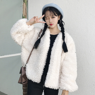 秋冬女装韩版宽松短款仿羊羔毛开衫外套学生保暖毛毛长袖外搭上衣