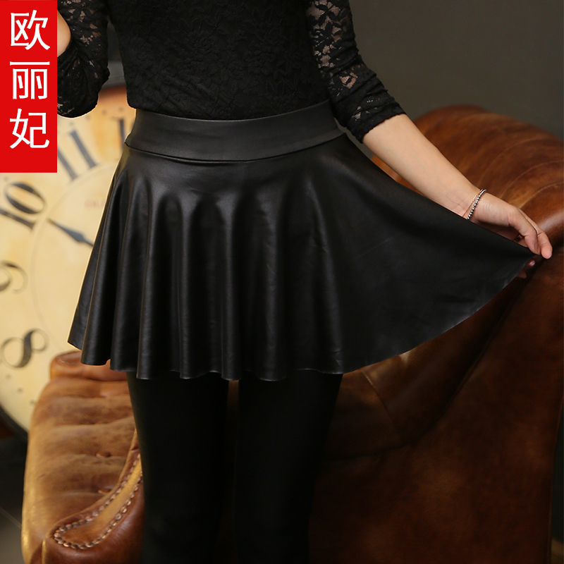 秋冬仿皮女皮裤薄款包臀带小脚裙子假两件打底
