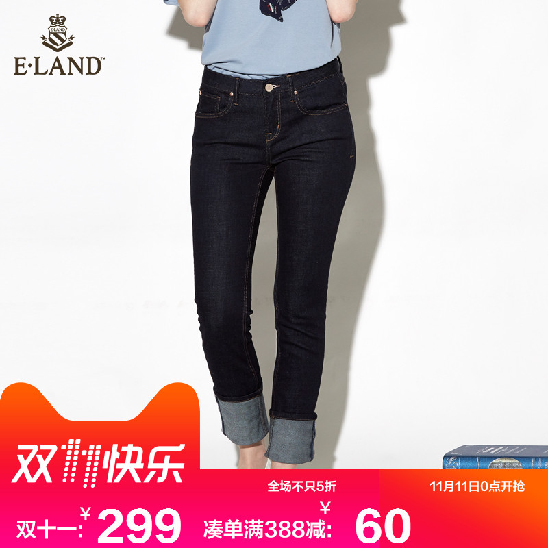ELAND17秋季上新心形刺绣明线锁边可卷边牛仔裤EETJ74906B