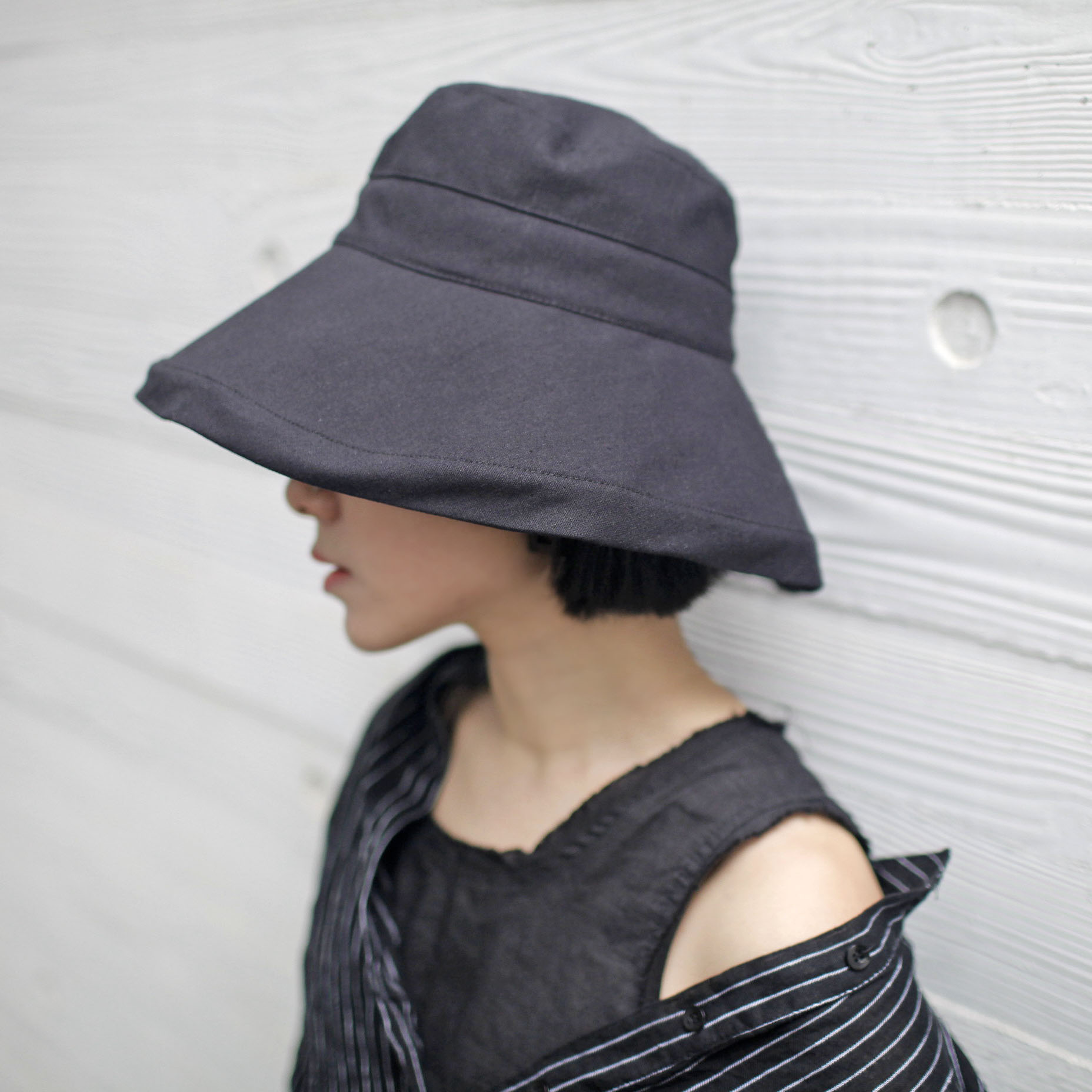 猫迷森林森女系防uv渔夫帽帆布可调节宽檐山本风棉麻帽黑色春4133