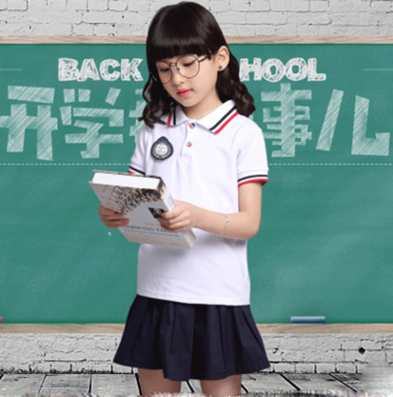 男生女生白色翻领t恤短袖短裤短裙2件套校服小学生纯棉班服演出服