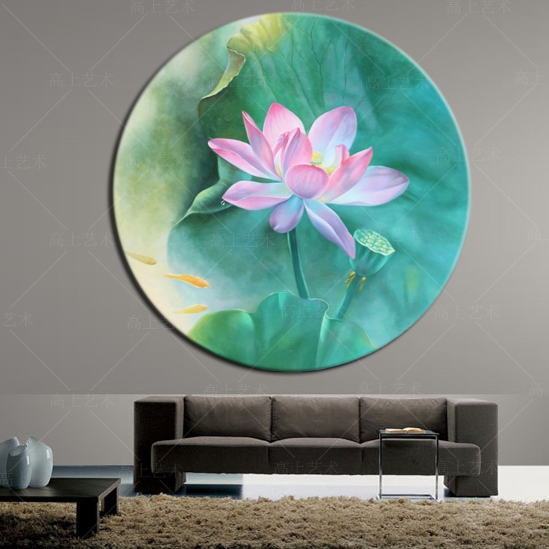 圆形画荷花手绘油画荷花小鱼卧室玄关客厅卧室挂画装饰画圆形精品