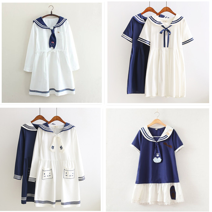查看淘宝2017夏刺绣软妹水手服宽松少女棉麻娃娃裙海军风短袖连衣裙