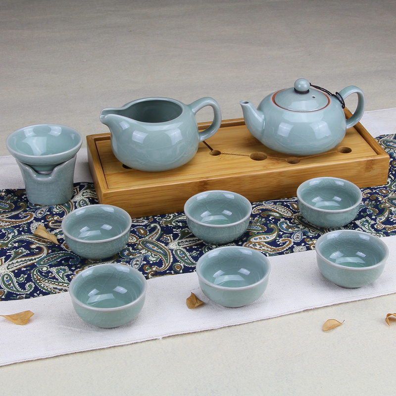 正品哥窑青瓷功夫茶具整套装开片盖碗冰裂茶壶陶瓷公道杯特价杯子