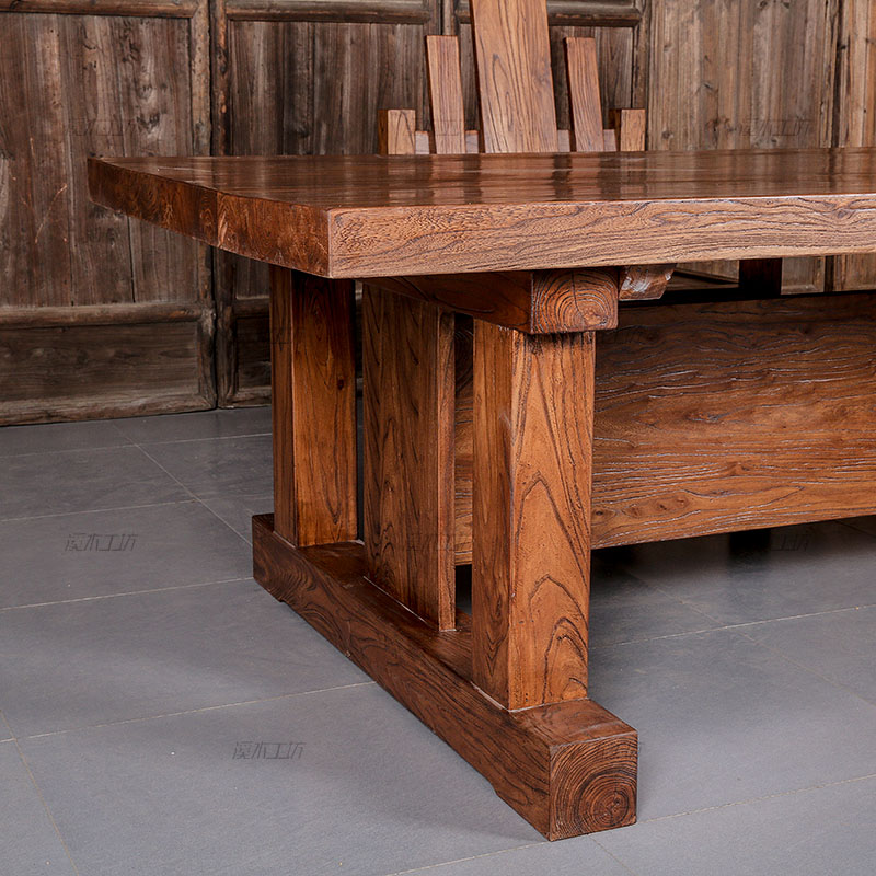 溪木工坊 北方老榆木大书桌 中式简约组装老板桌实木大板桌办公桌