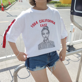 T恤女 潮宽松百搭字母飘带拼接上衣学生短袖 韩版 韩国原宿风bf夏装