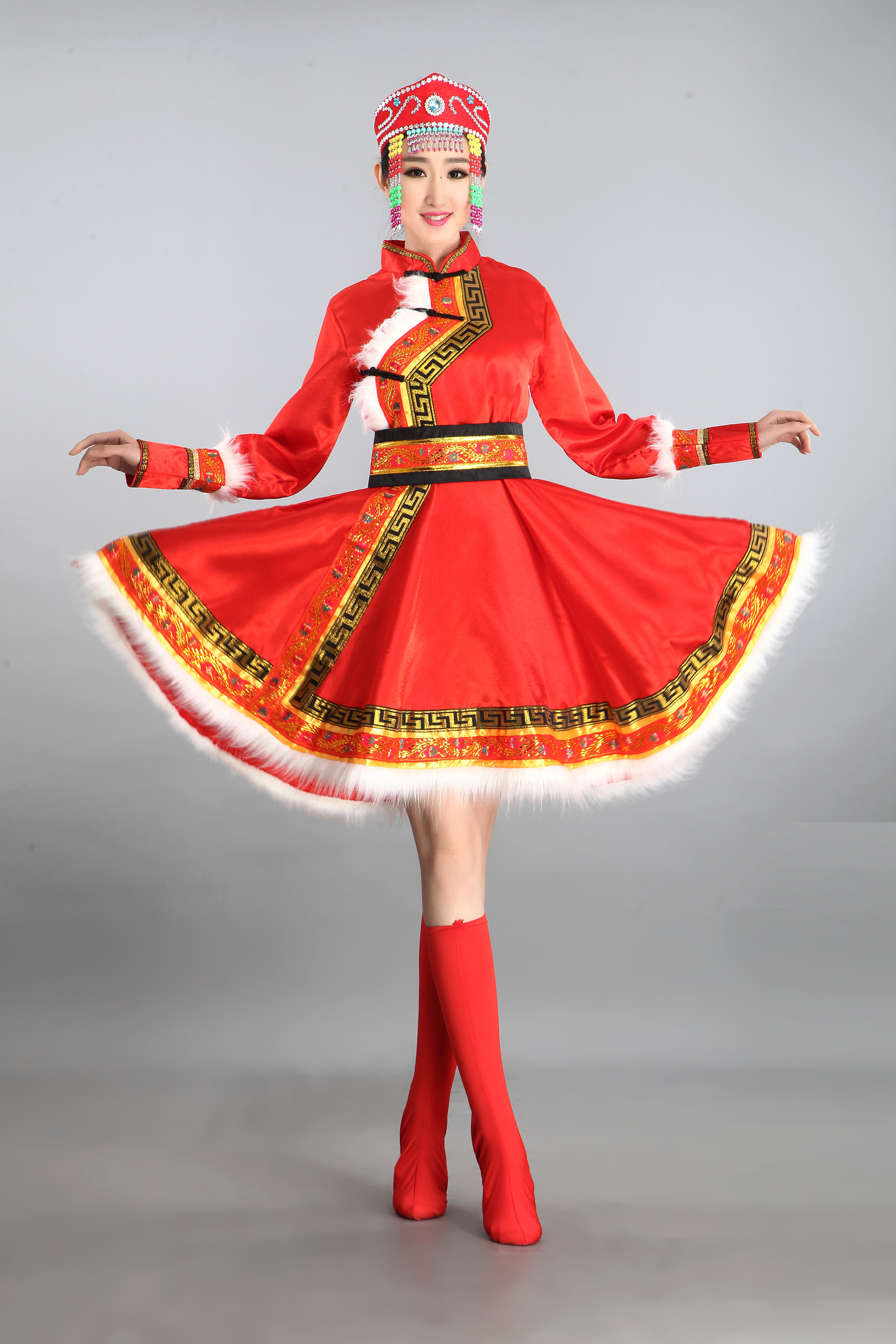 蒙古族演出服少数民族风舞蹈服装女成人装筷子蒙族连衣裙广场新款