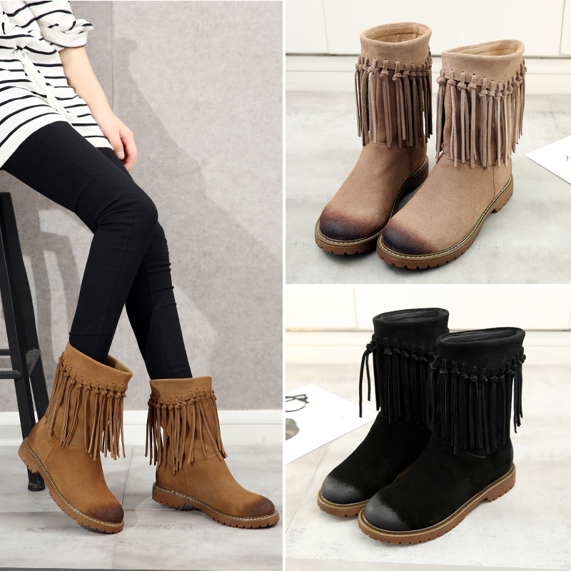 秋冬加绒中筒靴女磨砂皮靴子流苏厚底粗跟短靴真皮断码处理女靴