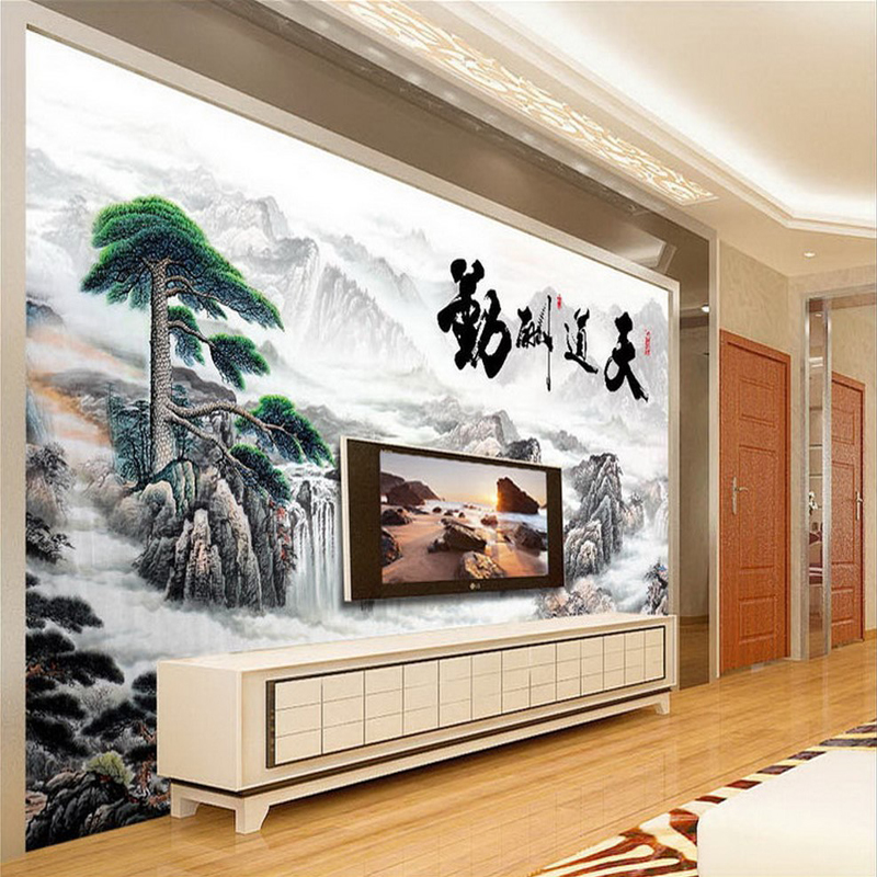3d 立体客厅电视背景墙壁纸壁画 天道酬勤山水国画 电视背景墙