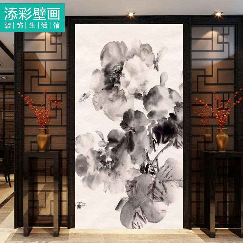 新中式黑白水墨抽象写意泼墨牡丹花朵整张幅玄关背景墙纸壁纸竖画