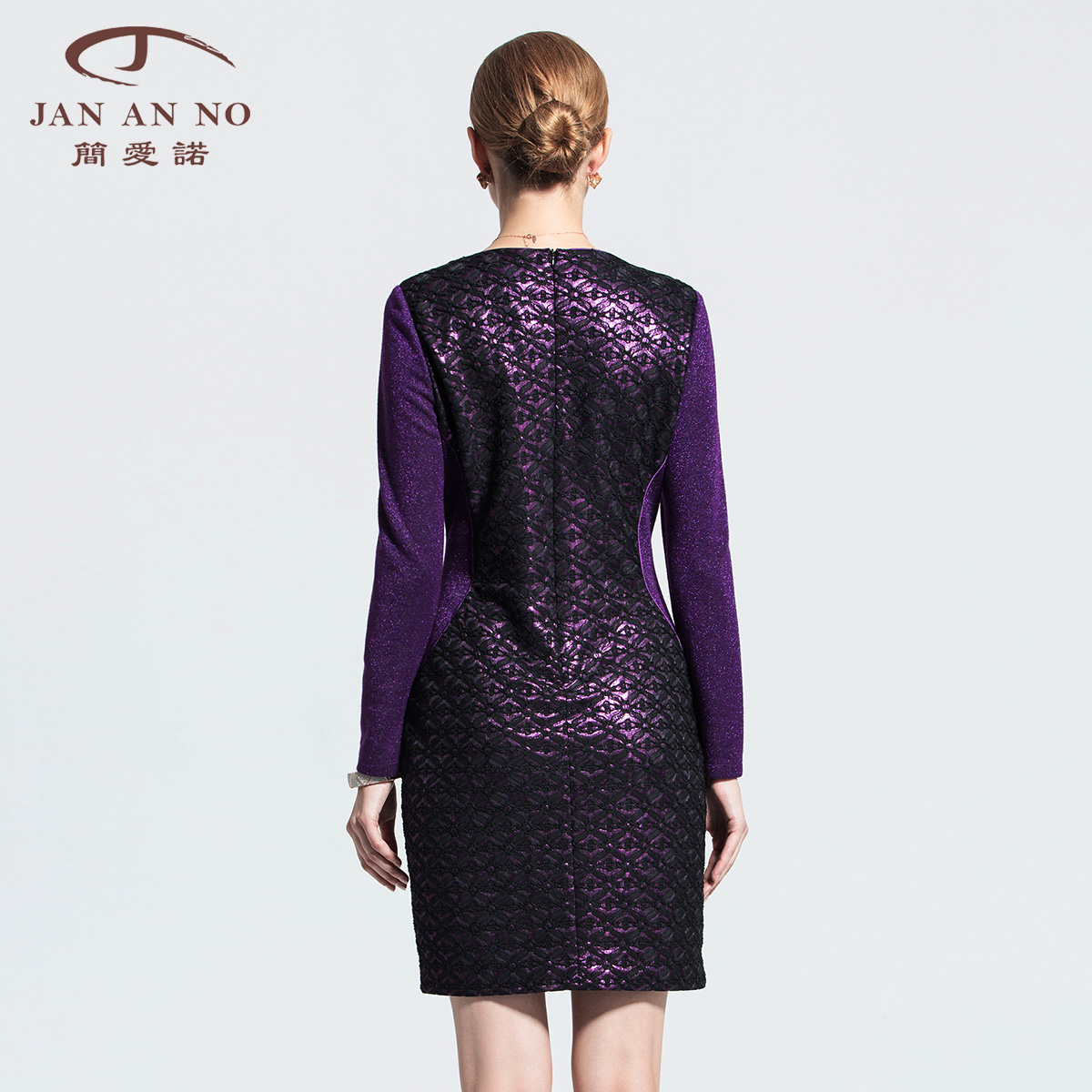 简爱诺2016秋冬新款女装 复合面料拼接手工钉珠优雅喜庆连衣裙