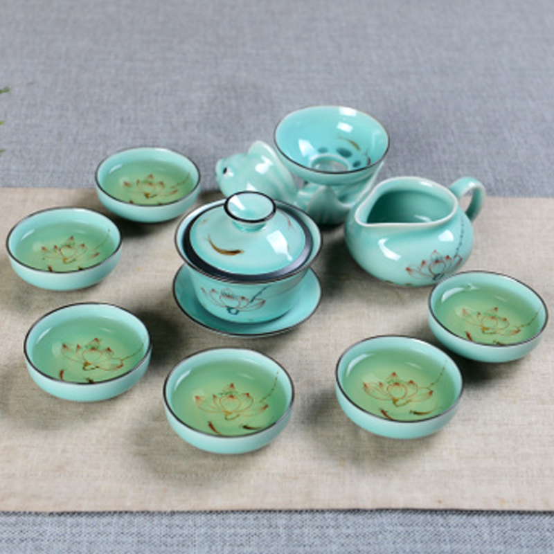 福建龙泉青瓷整套功夫茶具10件套装哥窑汝窑紫砂陶瓷玻璃茶具套餐