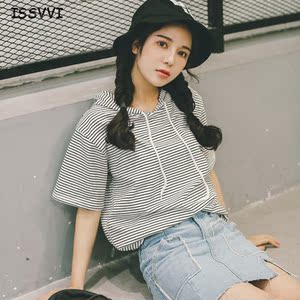 ulzzang条纹宽松连帽衫