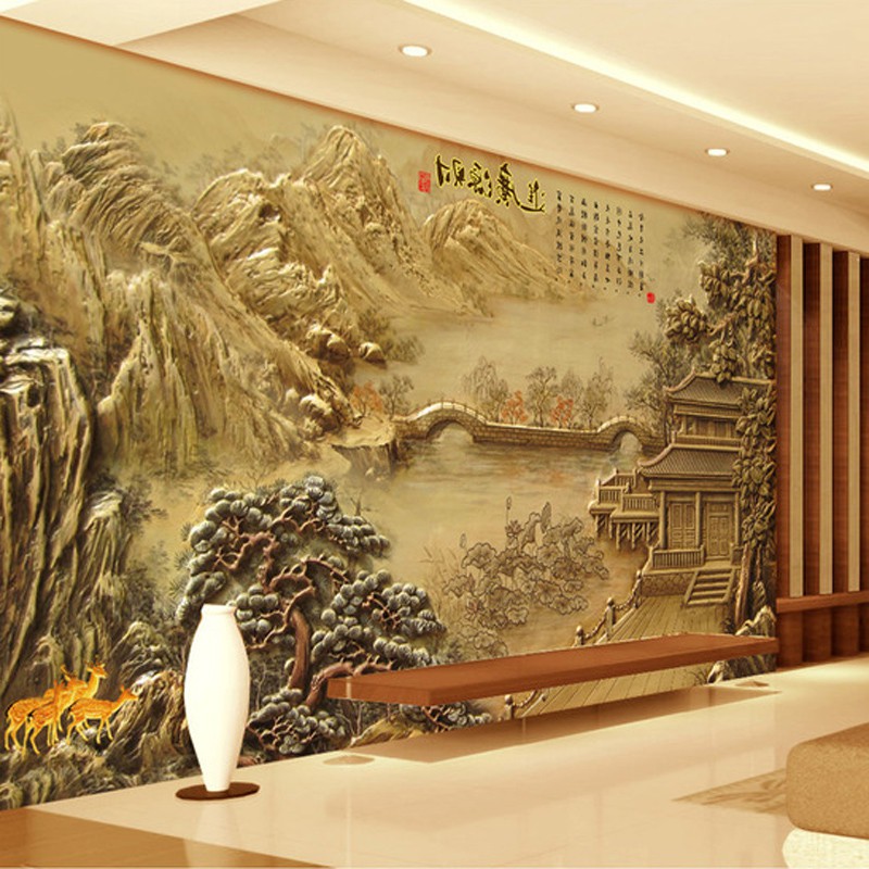 3d中式无缝浮雕壁画财源广进客厅电视背景墙大型墙纸壁纸古典字画