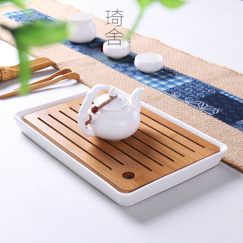 二龙茶具陶瓷小茶盘干泡功夫竹制储水式日式托盘大号茶台特价托盘