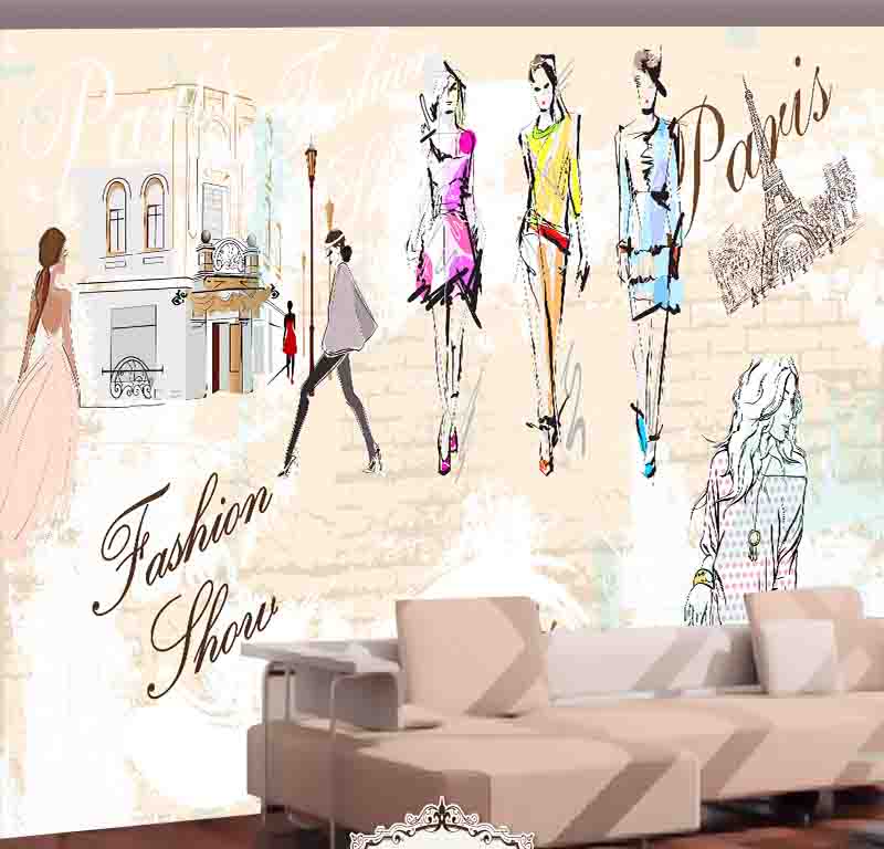 3d壁纸手绘时尚模特服装店卖场背景墙纸无缝墙布大型壁画定制砖墙