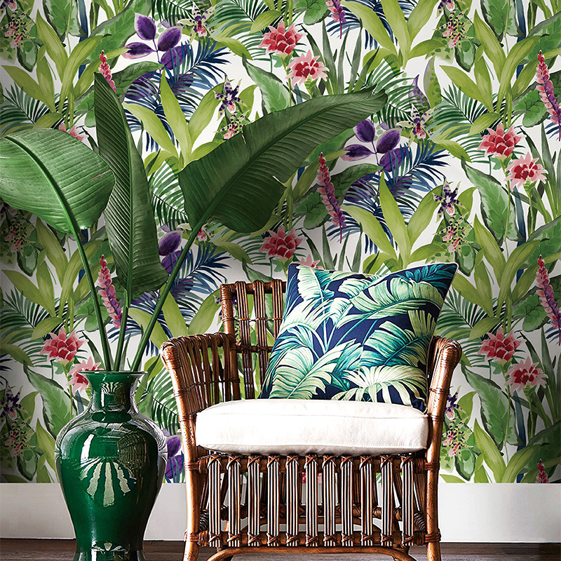 艺速 东南亚绿色植物花鸟纯纸墙纸沙发背景墙壁纸热带雨林风情