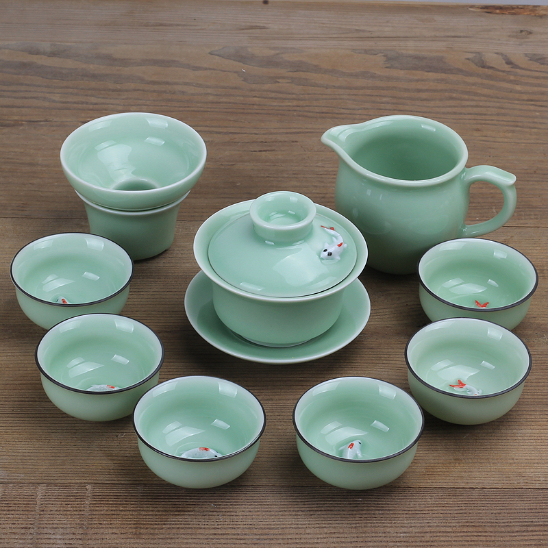 茶具套装特价陶瓷鲤鱼茶杯冰裂茶壶盖碗整套青瓷功夫茶具套装包邮