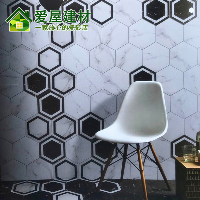 北欧爵白黑白六角砖厨房卫生间墙砖地砖六边形造型砖