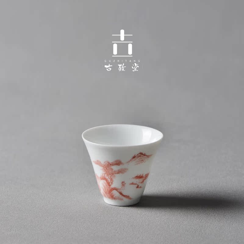 故由景德镇手绘精品茶具红料单杯全手工手绘山水品茗杯功夫茶杯