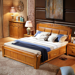 高档加厚实木床1.8米 1.5抽屉橡胶橡木床 实木家具床高箱储物婚床