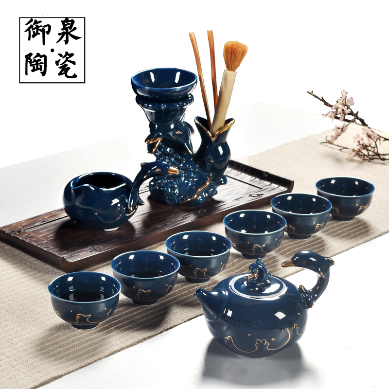 功夫茶具套装整套手绘镀金创意海豚陶瓷茶具高档办公室茶杯礼盒装