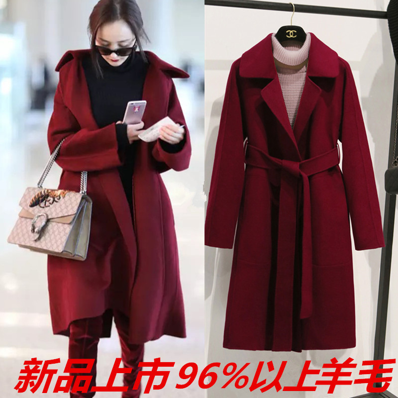 杨幂明星同款机场酒红色手工双面呢羊毛呢羊绒大衣中长款外套女