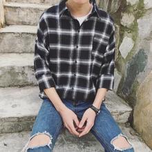 1CHEN /男装春上新韩版复古三色格子磨毛宽松百搭长袖衬衫衬衣男