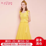 阿依莲2017夏装新款蕾丝拼接连衣裙女圆领雪纺长裙