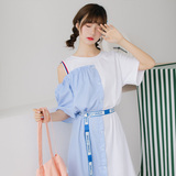 闺蜜装撞色拼接条纹露肩中长款连衣裙女夏2017新款宽松学生bf风潮