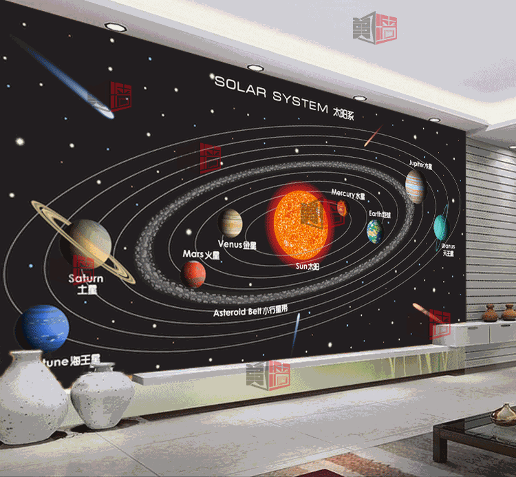 太阳系星球卡通壁纸幼儿园地理常识墙纸儿童房定制墙画