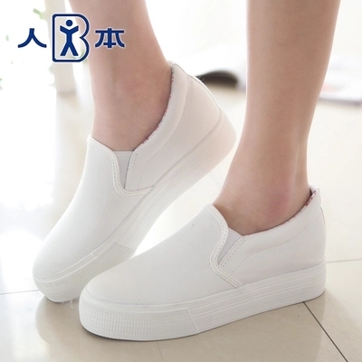 人本懒人一脚蹬小白鞋女秋透气内增高鞋子女松
