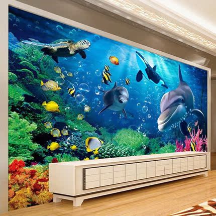 海底世界壁纸海豚海洋3d立体壁画海景风景客厅卧室天花板吊顶墙纸