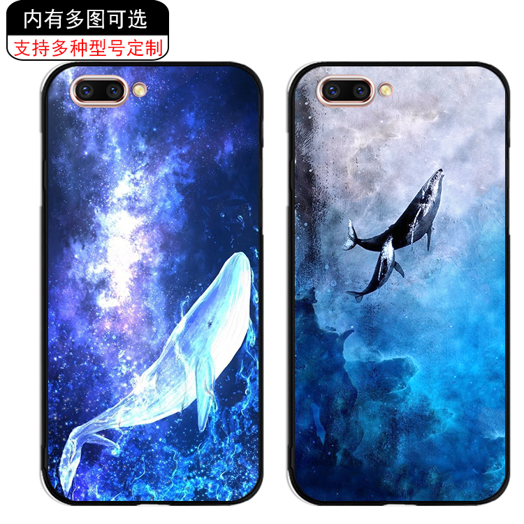 oppo r11 r11plus日韩文艺蓝色海洋水彩鲸鱼插画全黑磨砂软手机壳