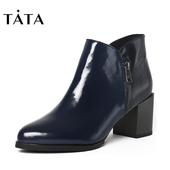 他她冬季牛皮通勤简约尖头侧拉链粗跟女靴FE146DD6 Tata