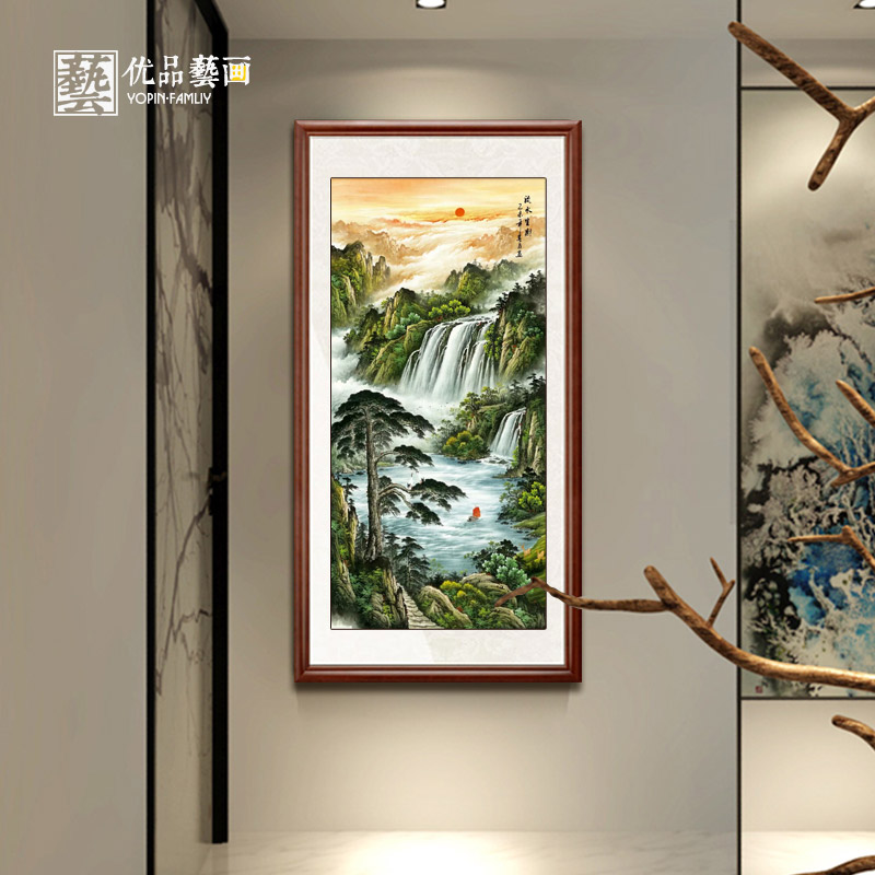 流水生财国画山水画 风水聚宝盆办公室客厅装饰画玄关幅竖版