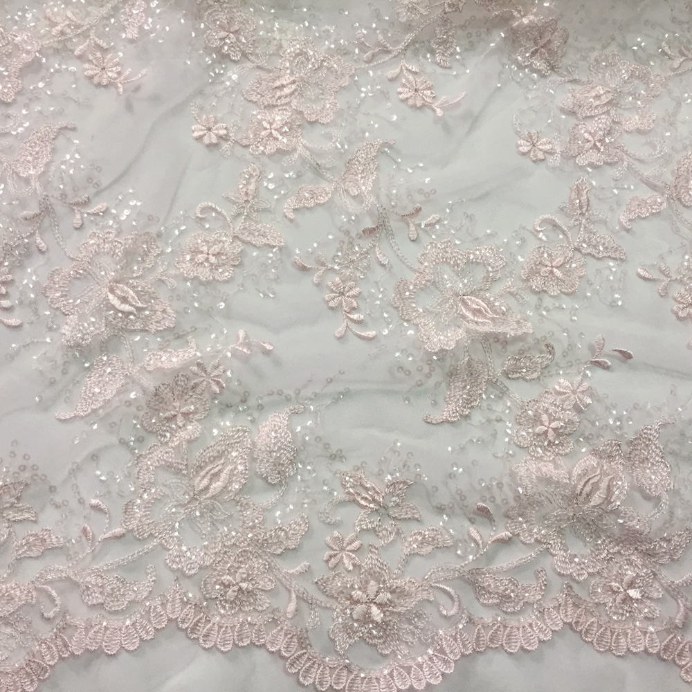 粉色台湾蕾丝银丝闪光刺绣花亮片网纱 婚纱礼服装diy 布料 面料 m