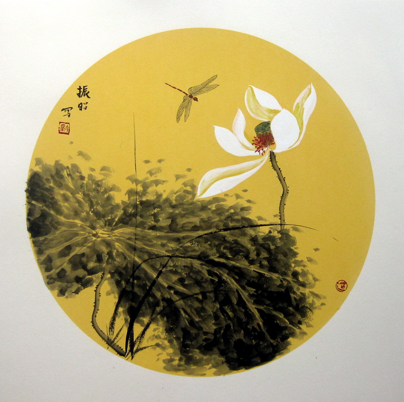 纯手绘精品国画花鸟三尺斗方团扇荷花写意水墨硬卡纸装饰画8043