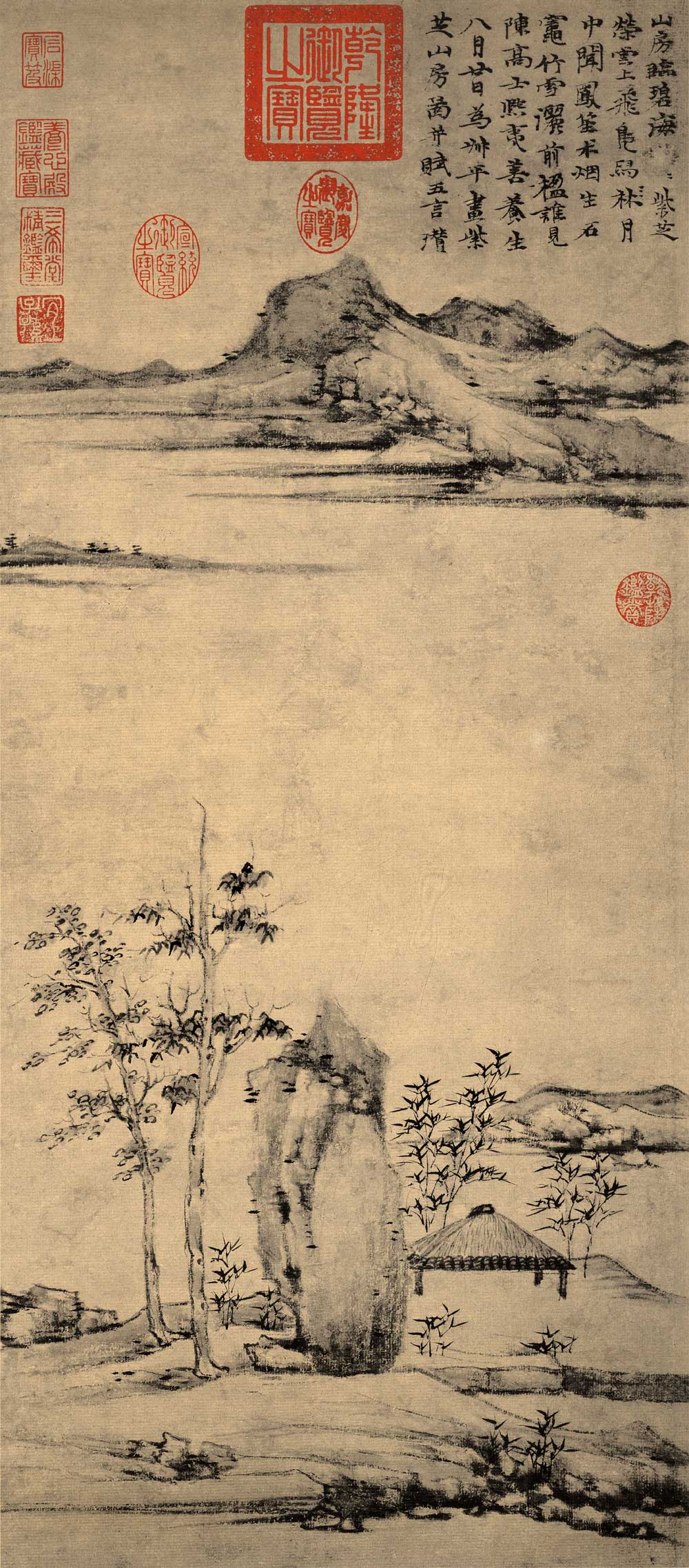 元 倪瓒 紫芝山房图轴8035仿古画复制山水画玄关书房