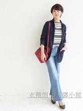 补货春夏新款日本原单品质女装长袖tee芬家女休闲粗细条纹T恤衫