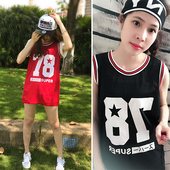 篮球服女韩版 BF风球衣T恤背心连衣裙 宽松中长款 无袖 数字网状大码